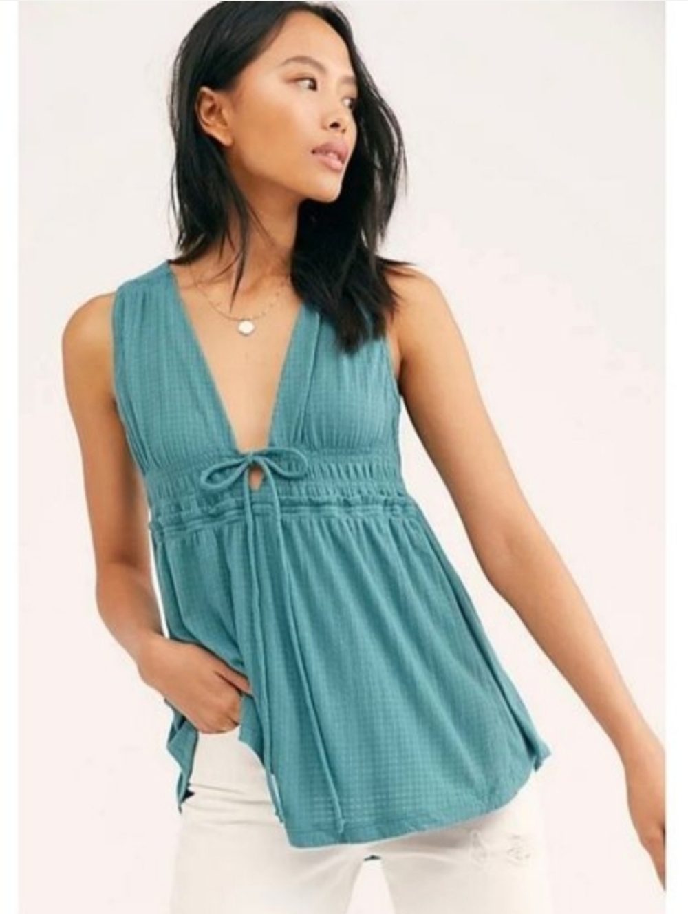 Free People Teal Waters Blue Tie Front Sleeveless Top